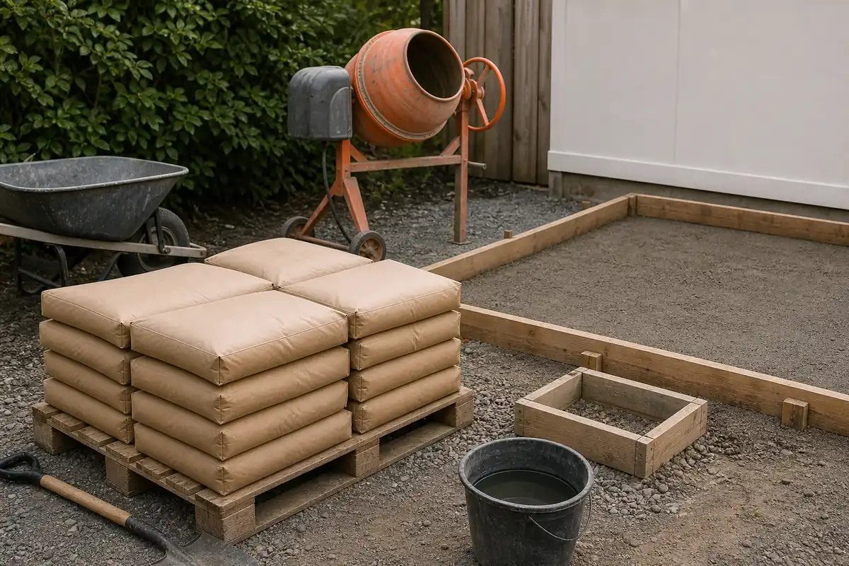 Plain unbranded concrete-mix bags beside a portable mixer, wheelbarrow, tools, and a small formed slab