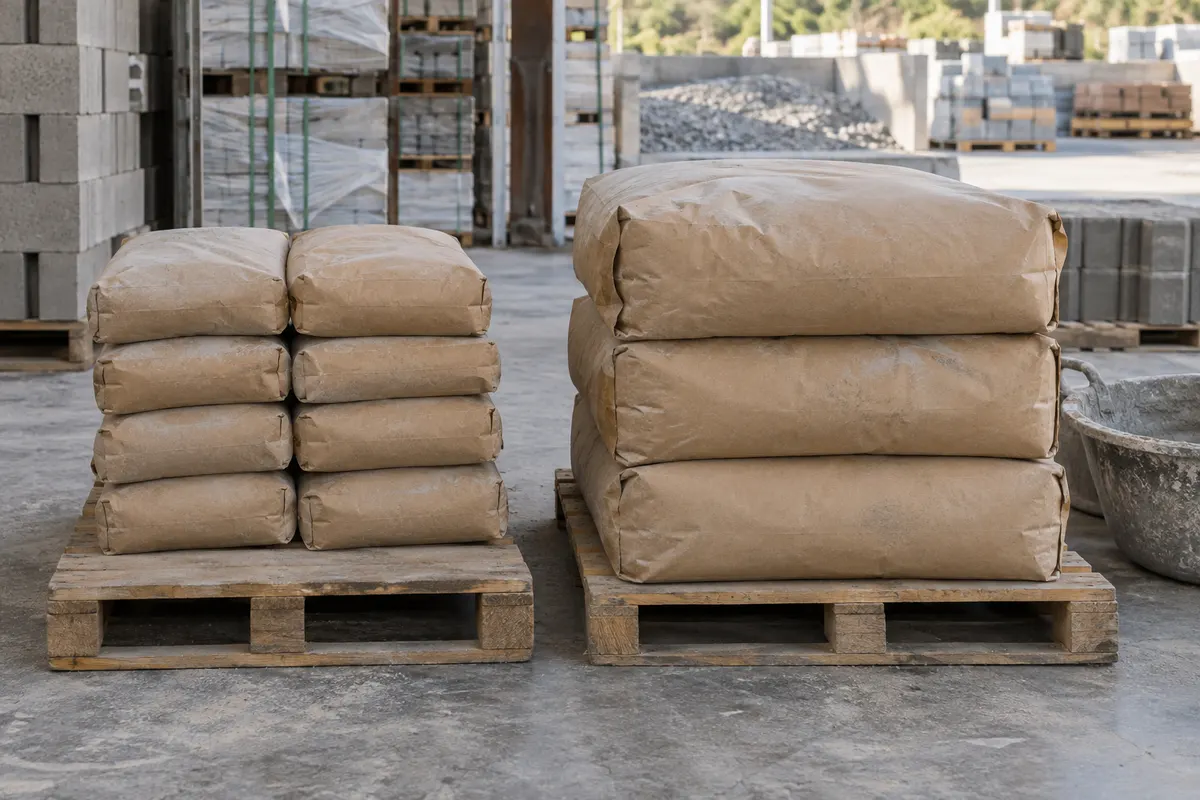 Stacks of small and large plain dry concrete mix bags on separate wooden pallets in a building materials yard