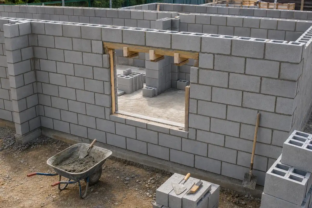 Concrete masonry wall under construction with a rectangular window opening and visible modular courses