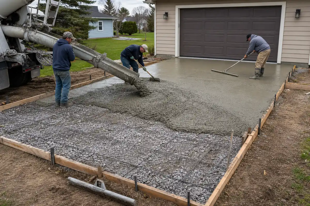 Crew placing ready-mix concrete inside a formed residential driveway with the prepared base visible