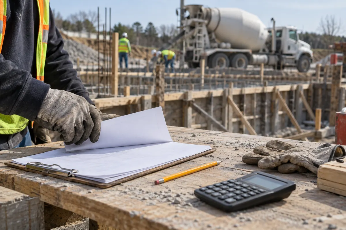 A worker reviewing blank planning sheets and a calculator on a timber bench beside concrete formwork and a ready-mix truck