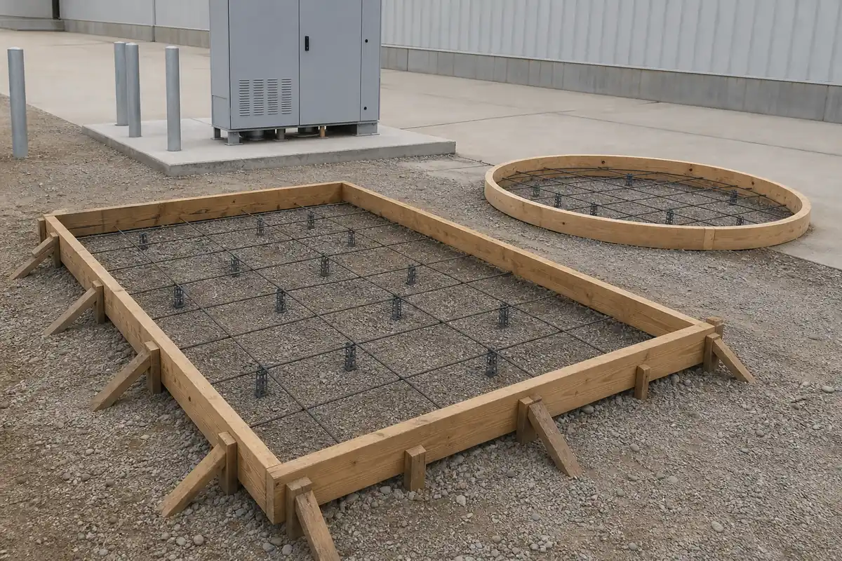 Rectangular and circular concrete pad forms on compacted base with reinforcement supported above the ground