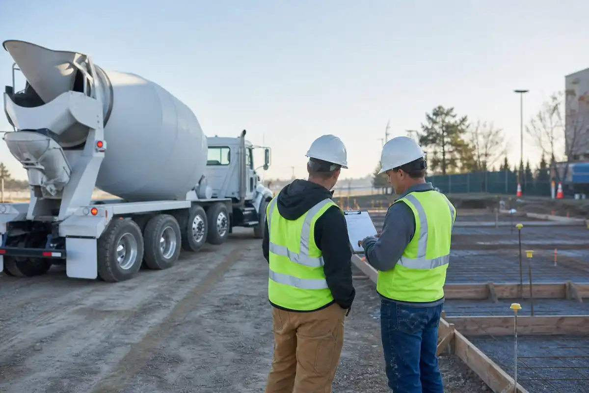 Unbranded ready-mix truck beside a formed slab while two construction professionals review delivery planning