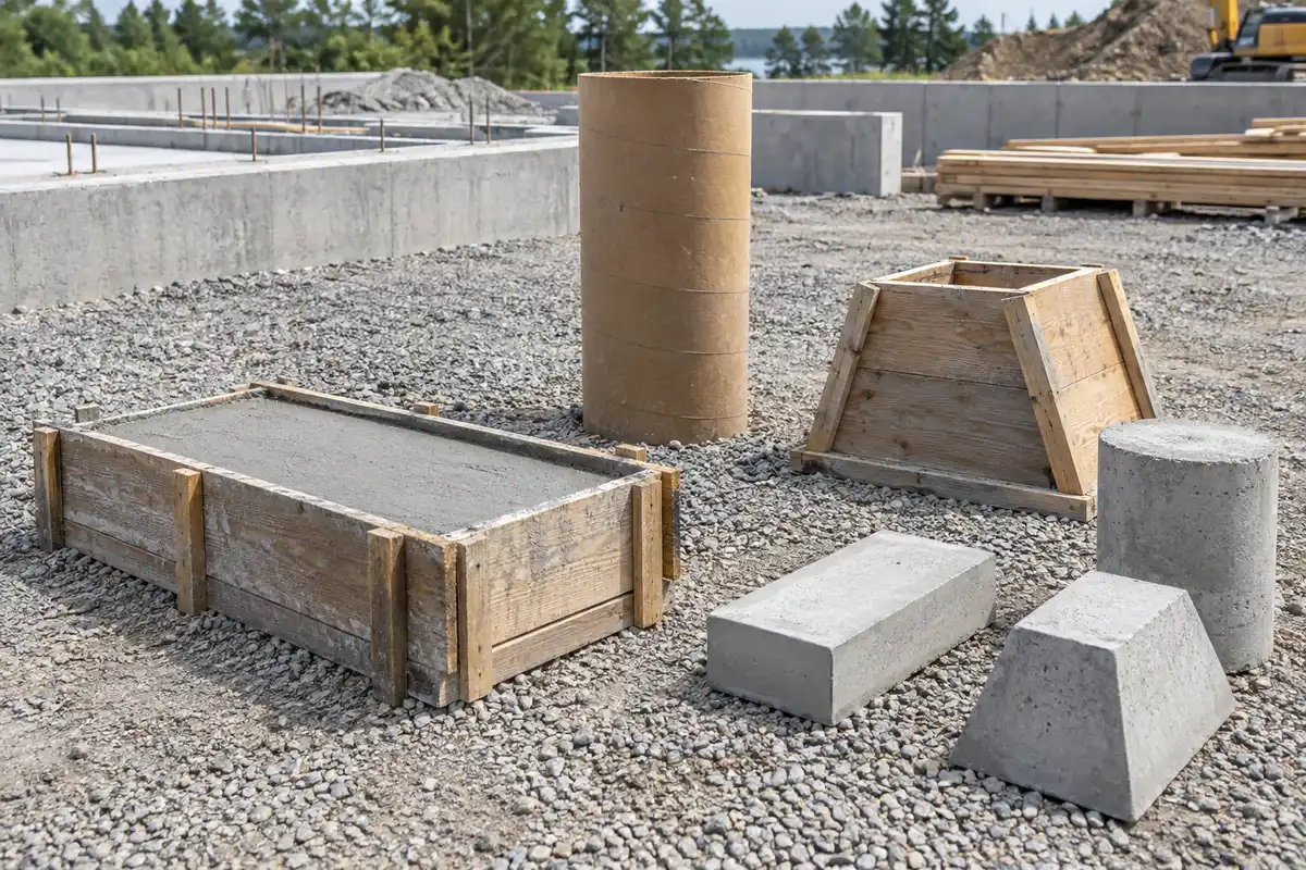 Rectangular timber formwork, a round column form, and a tapered timber mold with concrete pieces on a gravel worksite