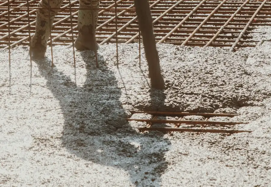 Crew working around reinforcing steel during a concrete slab pour