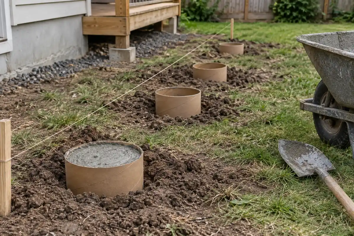 Four plain brown cardboard forms in backyard soil beside a string line, with fresh concrete in one form and a shovel and wheelbarrow nearby